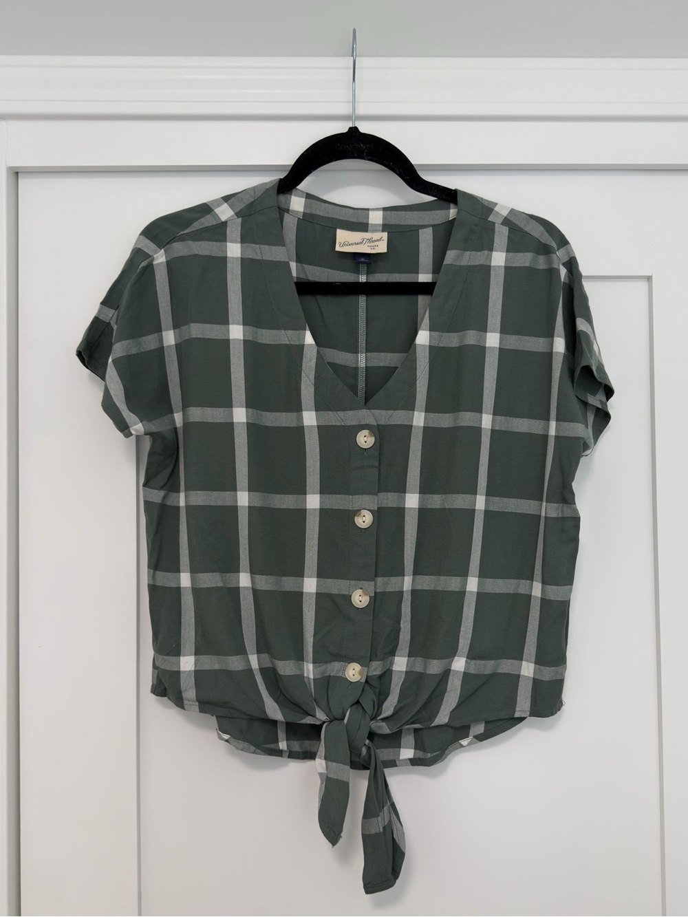 Tie-Front Plaid Button-Up Top